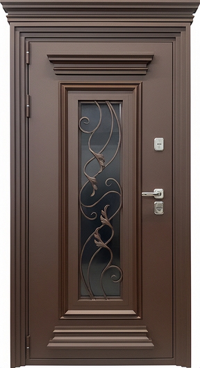 Утепленная входная термодверь с металлобагетом, карнизом, стеклопакетом, ковкой и коричневым полимерным покрытием
